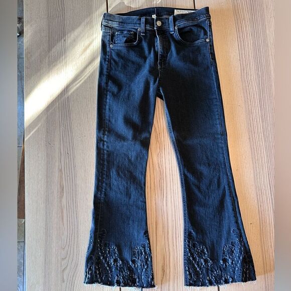Rag & Bone 10 inch Crop Flare Black Embroidered with Raw Hem -Size 28 - Picture 1 of 10